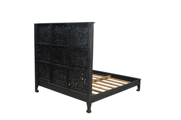 HomeRoots Black Handcrafted Floral Carved Solid Wood King Bed Frame for Timeless Rustic Elegance and Durability 635814