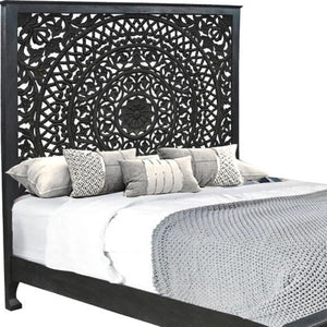 HomeRoots Black Handcrafted Floral Carved Solid Wood King Bed Frame for Timeless Rustic Elegance and Durability 635814