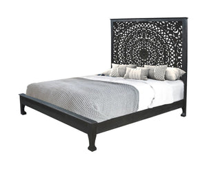 HomeRoots Black Handcrafted Floral Carved Solid Wood King Bed Frame for Timeless Rustic Elegance and Durability 635814
