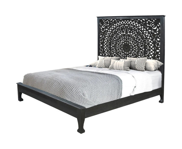 HomeRoots Black Handcrafted Floral Carved Solid Wood King Bed Frame for Timeless Rustic Elegance and Durability 635814