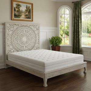 HomeRoots Gray Carved Floral Distressed Solid Wood King Bed Frame - Artisan Craftsmanship for Timeless Elegance 635815