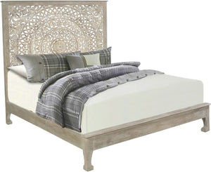 HomeRoots Gray Carved Floral Distressed Solid Wood King Bed Frame - Artisan Craftsmanship for Timeless Elegance 635815