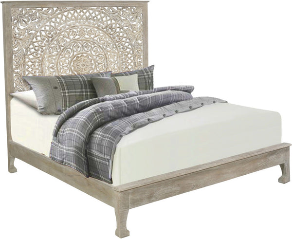 HomeRoots Gray Carved Floral Distressed Solid Wood King Bed Frame - Artisan Craftsmanship for Timeless Elegance 635815