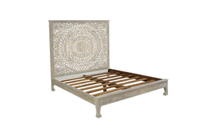 HomeRoots Gray Carved Floral Distressed Solid Wood King Bed Frame - Artisan Craftsmanship for Timeless Elegance 635815
