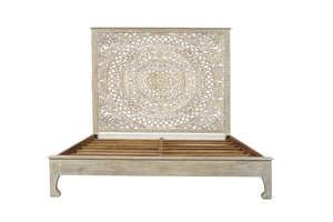HomeRoots Gray Carved Floral Distressed Solid Wood King Bed Frame - Artisan Craftsmanship for Timeless Elegance 635815