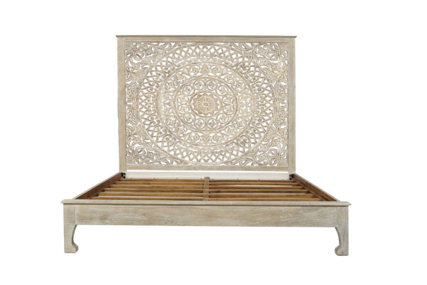 HomeRoots Gray Carved Floral Distressed Solid Wood King Bed Frame - Artisan Craftsmanship for Timeless Elegance 635815