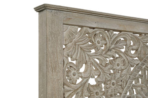 HomeRoots Gray Carved Floral Distressed Solid Wood King Bed Frame - Artisan Craftsmanship for Timeless Elegance 635815