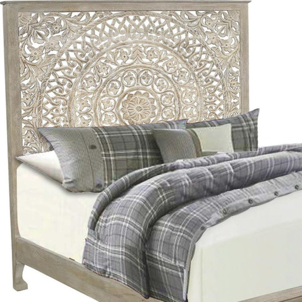 HomeRoots Gray Carved Floral Distressed Solid Wood King Bed Frame - Artisan Craftsmanship for Timeless Elegance 635815