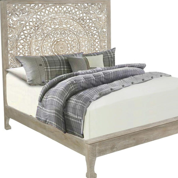 HomeRoots Gray Carved Floral Distressed Solid Wood King Bed Frame - Artisan Craftsmanship for Timeless Elegance 635815