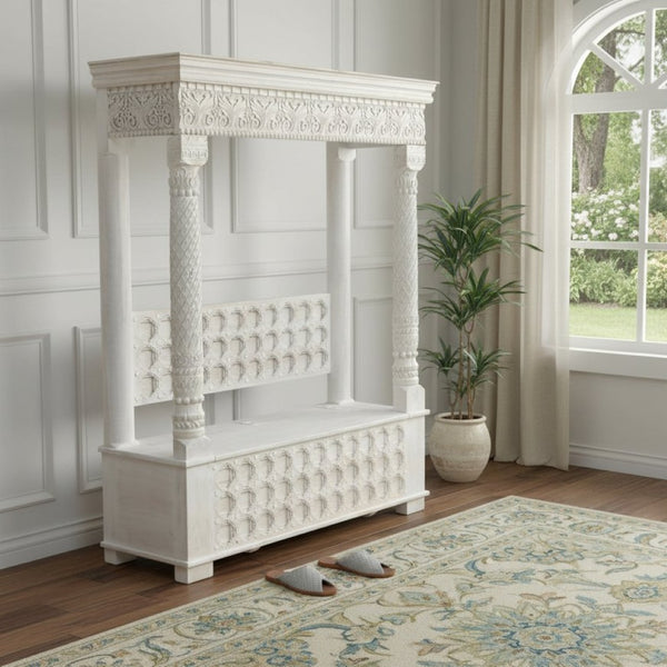 HomeRoots 70" White Floral Solid Wood Storage Bench with Flip-Top Lid, Elegant Seating & Hidden Storage Solution 635822