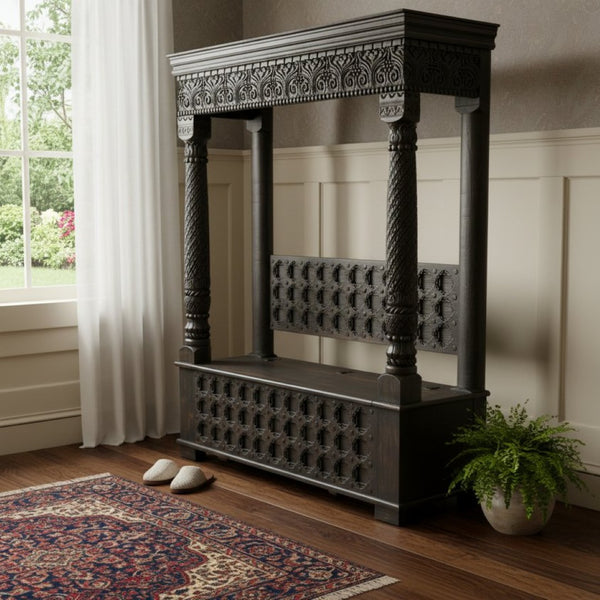 HomeRoots 70" Black Floral Solid Wood Storage Bench – Elegant Flip-Top Seat with Hidden Storage & Comfort 635823