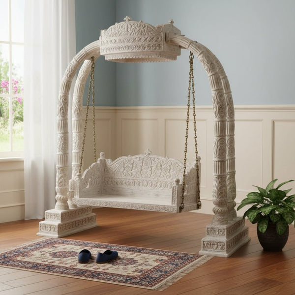 HomeRoots 89" Distressed White Floral Solid Wood Bench – Rustic Charm for Entryways, Comfort & Style 635824