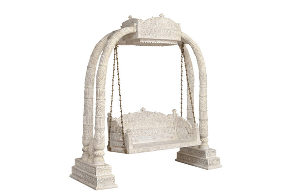 HomeRoots 89" Distressed White Floral Solid Wood Bench – Rustic Charm for Entryways, Comfort & Style 635824