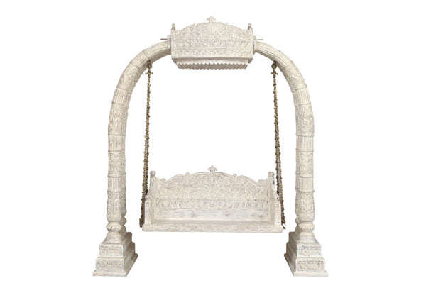 HomeRoots 89" Distressed White Floral Solid Wood Bench – Rustic Charm for Entryways, Comfort & Style 635824