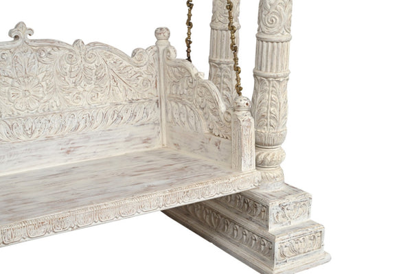 HomeRoots 89" Distressed White Floral Solid Wood Bench – Rustic Charm for Entryways, Comfort & Style 635824