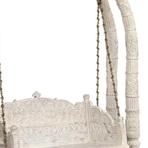 HomeRoots 89" Distressed White Floral Solid Wood Bench – Rustic Charm for Entryways, Comfort & Style 635824
