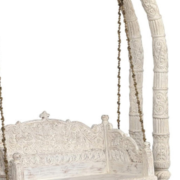 HomeRoots 89" Distressed White Floral Solid Wood Bench – Rustic Charm for Entryways, Comfort & Style 635824