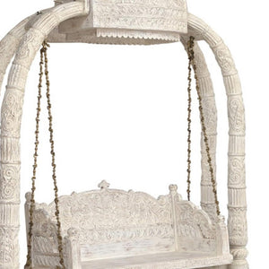 HomeRoots 89" Distressed White Floral Solid Wood Bench – Rustic Charm for Entryways, Comfort & Style 635824