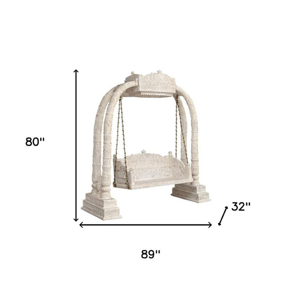 HomeRoots 89" Distressed White Floral Solid Wood Bench – Rustic Charm for Entryways, Comfort & Style 635824
