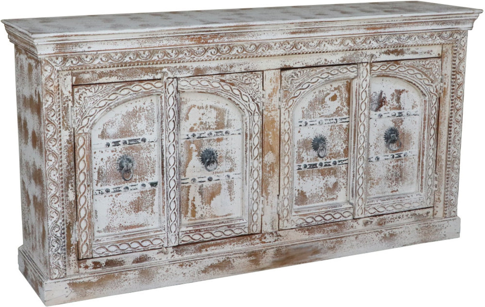 HomeRoots 75" White Distressed Solid Wood Sideboard - Handcrafted Floral Storage Cabinet for Timeless Elegance 635825