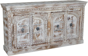 HomeRoots 75" White Distressed Solid Wood Sideboard - Handcrafted Floral Storage Cabinet for Timeless Elegance 635825
