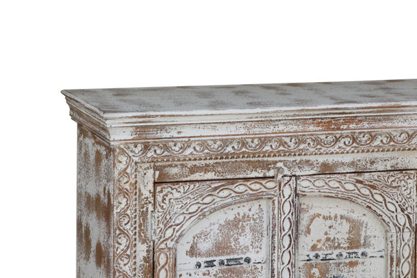 HomeRoots 75" White Distressed Solid Wood Sideboard - Handcrafted Floral Storage Cabinet for Timeless Elegance 635825