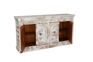 HomeRoots 75" White Distressed Solid Wood Sideboard - Handcrafted Floral Storage Cabinet for Timeless Elegance 635825