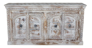 HomeRoots 75" White Distressed Solid Wood Sideboard - Handcrafted Floral Storage Cabinet for Timeless Elegance 635825