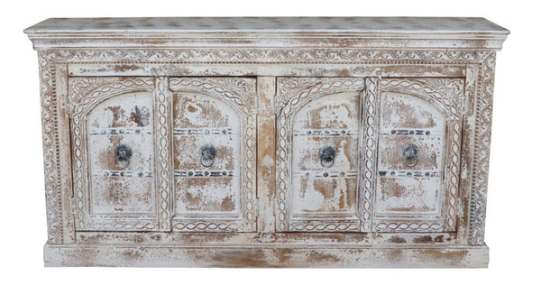 HomeRoots 75" White Distressed Solid Wood Sideboard - Handcrafted Floral Storage Cabinet for Timeless Elegance 635825