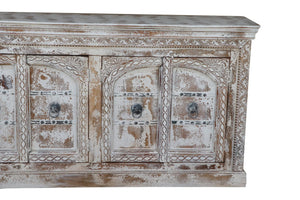 HomeRoots 75" White Distressed Solid Wood Sideboard - Handcrafted Floral Storage Cabinet for Timeless Elegance 635825