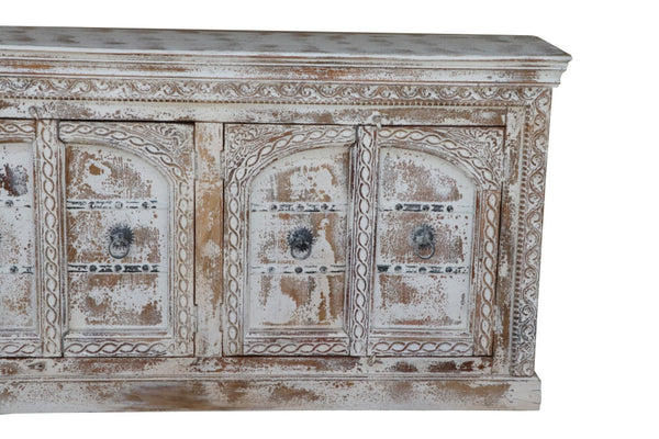 HomeRoots 75" White Distressed Solid Wood Sideboard - Handcrafted Floral Storage Cabinet for Timeless Elegance 635825
