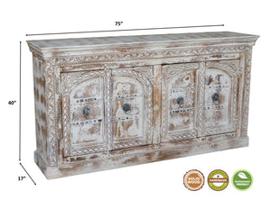 HomeRoots 75" White Distressed Solid Wood Sideboard - Handcrafted Floral Storage Cabinet for Timeless Elegance 635825