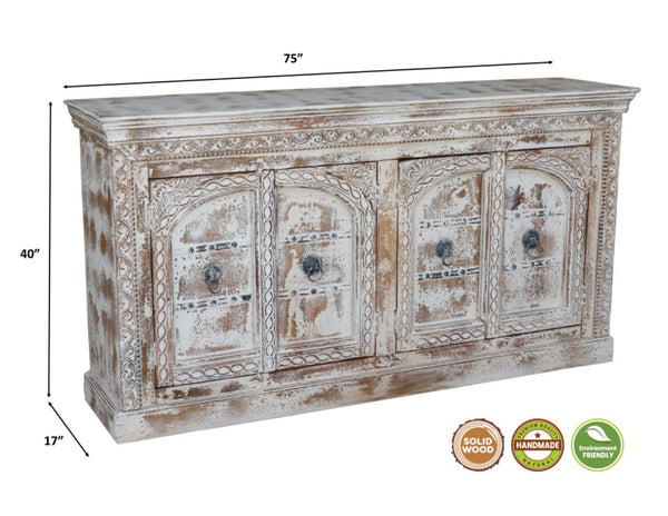 HomeRoots 75" White Distressed Solid Wood Sideboard - Handcrafted Floral Storage Cabinet for Timeless Elegance 635825