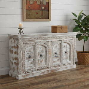 HomeRoots 75" White Distressed Solid Wood Sideboard - Handcrafted Floral Storage Cabinet for Timeless Elegance 635825