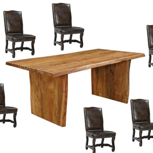 HomeRoots Seven Piece Brown Solid Wood Dining Set with Elegant Upholstered Chairs for Timeless Style 635827