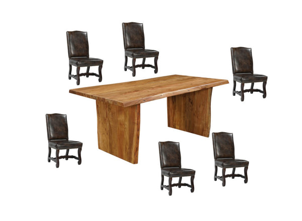 HomeRoots Seven Piece Brown Solid Wood Dining Set with Elegant Upholstered Chairs for Timeless Style 635827