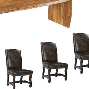 HomeRoots Nine Piece Solid Wood Dining Set with 8 Leather Upholstered Chairs for Elegant Family Gatherings 635833