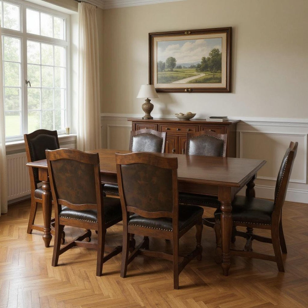 HomeRoots Nine Piece Solid Wood Dining Set with 8 Leather Upholstered Chairs for Elegant Family Gatherings 635833