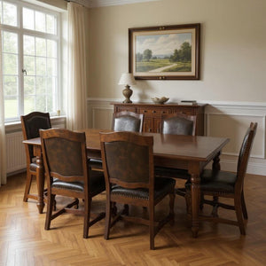 HomeRoots Nine Piece Solid Wood Dining Set with 8 Leather Upholstered Chairs for Elegant Family Gatherings 635833