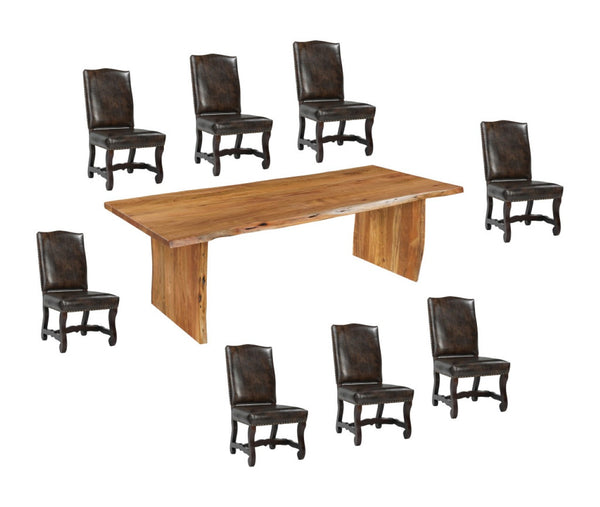HomeRoots Nine Piece Solid Wood Dining Set with 8 Leather Upholstered Chairs for Elegant Family Gatherings 635833