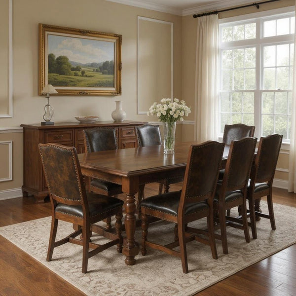 HomeRoots Nine Piece Solid Wood Dining Set with 8 Leather Chairs - Elegant, Durable, Perfect for Entertaining 635836