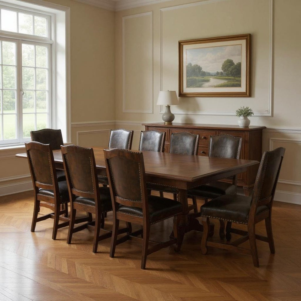 HomeRoots 11 Piece Brown Solid Wood Dining Set - Timeless Elegance with 10 Chairs for Family Gatherings & Comfort 635839