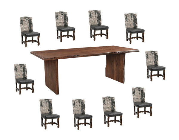 HomeRoots 11 Piece Brown Solid Wood Dining Set - Elegant Rectangular Table with 10 Comfortable Chairs 635841