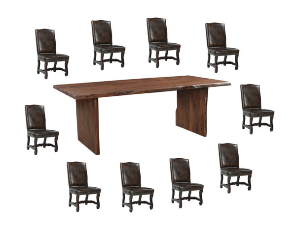 HomeRoots 11 Piece Brown Solid Wood Dining Set with 10 Chairs - Elegant Design for Family Gatherings & Dinners 635842