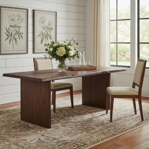 84 Inch Solid Brown Wood Natural Live Edge Dining Table with Sculpted Sled Base
