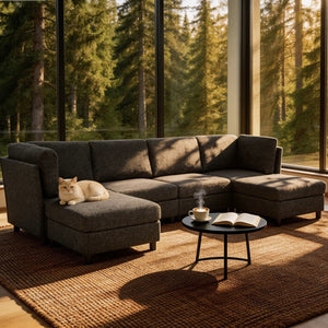 English Elm Modern Configurable Sectional Sofa Foil Fabric Low Profile Living Room Seating Dark Grey W5568S00050