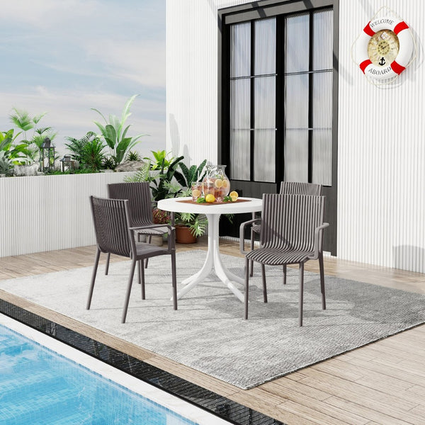 English Elm Summer 5 Piece Stackable Polypropylene Outdoor Dining Set with Round Table for Patios Warm Grey,White W3450S00023