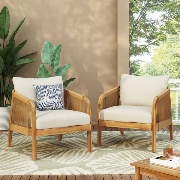 English Elm Christopher Knight Home® - Set of 2 Acacia Wood Outdoor Club Chairs with Wicker, Teak Finish & Beige Cushions, Deep Seat Comfort 72409.00LBGE-2