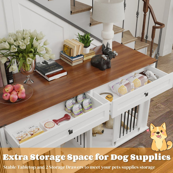 English Elm 63'' Farmhouse Double Dog Crate Furniture with Wood Grain Mdf Build and Storage Drawers W2557P231672