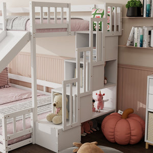 English Elm Twin Over Full Bunk Bed Solid Pine Frame with Built-in Slide and Storage Staircase White W504S00290
